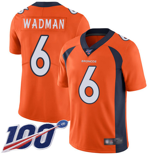 Men Denver Broncos #6 Colby Wadman Orange Team Color Vapor Untouchable Limited Player 100th Season Football NFL Jersey
